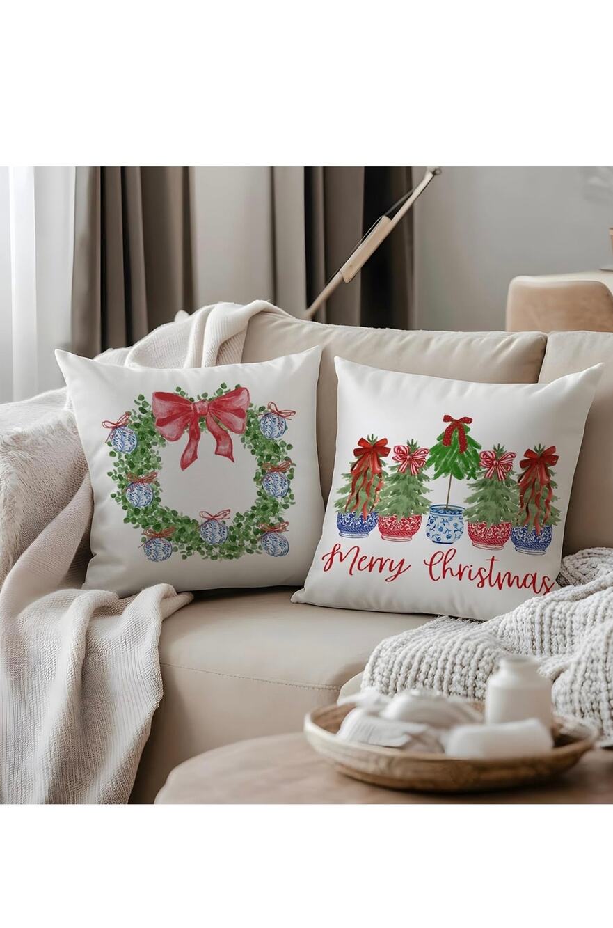 2 New Christmas Wreath Tree Pillow Covers 18x18,